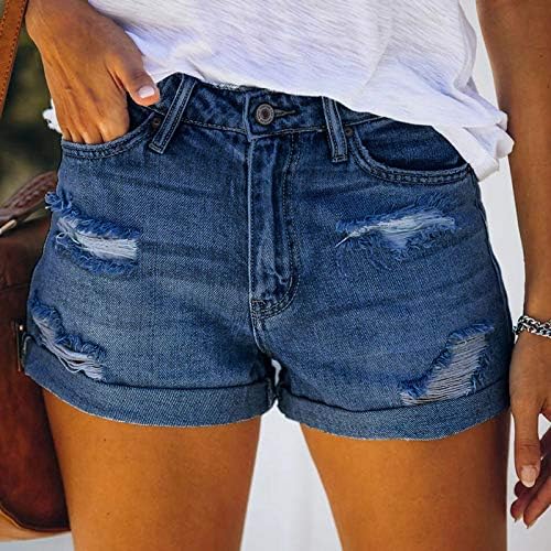 מכנסי ג'ינס בקיץ לנשים באמצע המותניים במצוקה שחרר שולי מקופל ג'ין קצר נמתח מנותק מכנסיים חמים נוחים