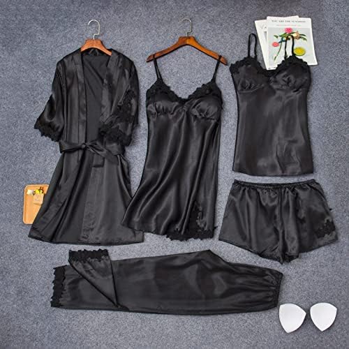 חליפת פיג'מה של 5 חלקים של נשים סאטן פיג'מה סט תחרה פרחונית לקצץ קמאי מכנסיים עליונים עם תלבושות טרקלין